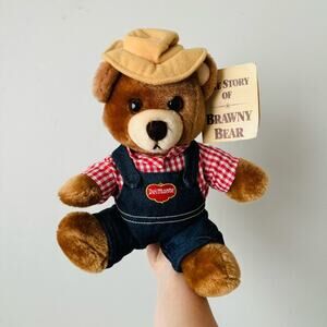 Del Monte Bear cowboy denim over all ghingam top hat with story book collector